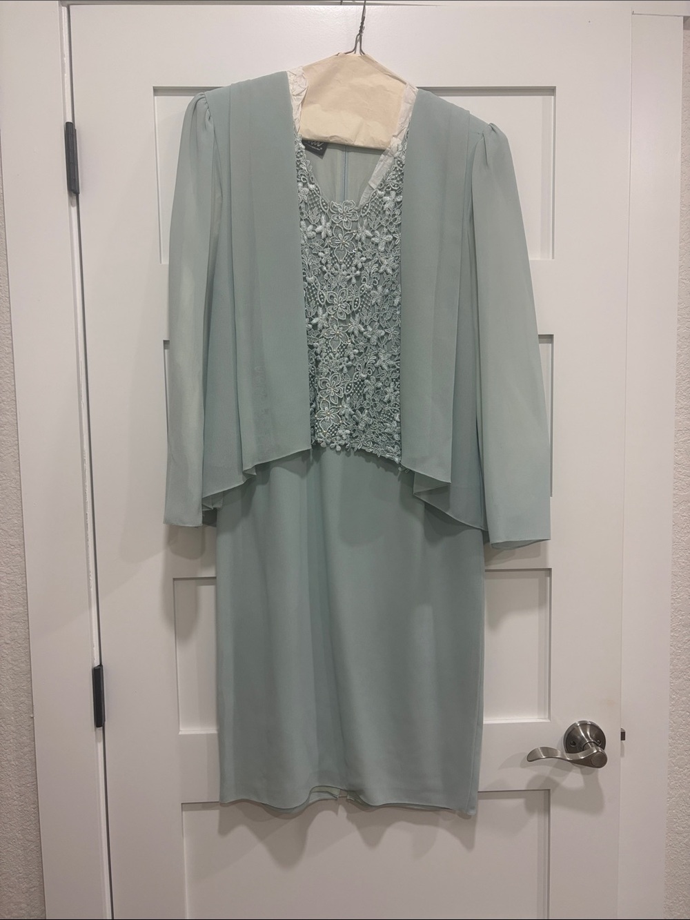 Ursula of Switzerland Mint Green Lace-Front Midi Dress with Faux Chiffon Jacket